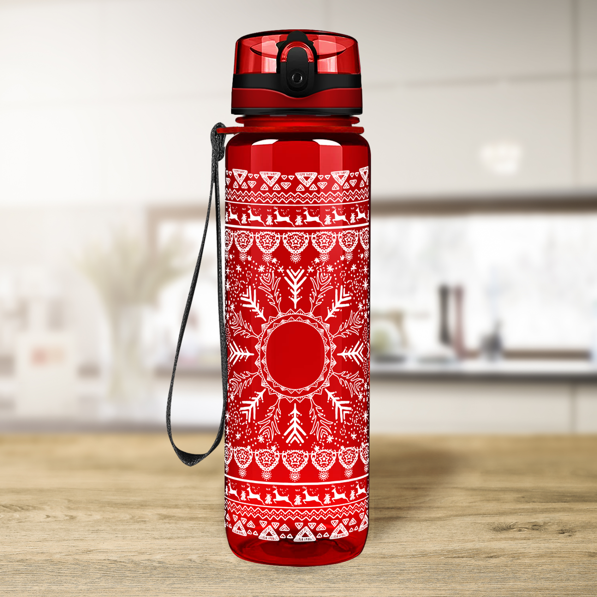 Holiday Deer and Snow Pattern on Red 32 oz Motivational Tracking Christmas Water Bottle