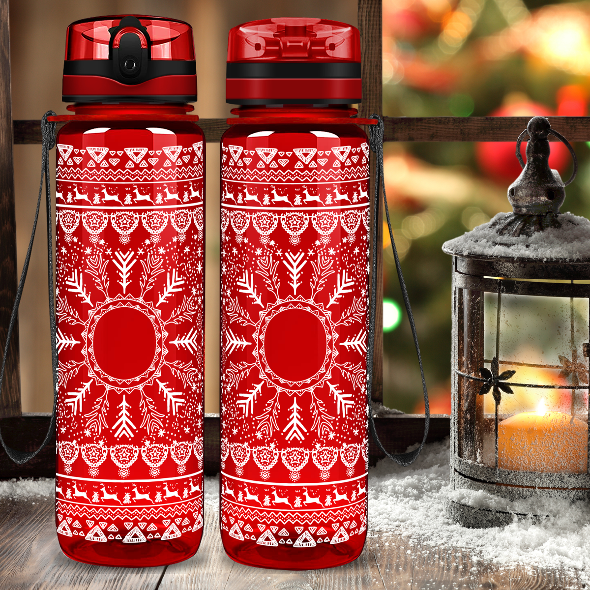 Holiday Deer and Snow Pattern on Red 32 oz Motivational Tracking Christmas Water Bottle
