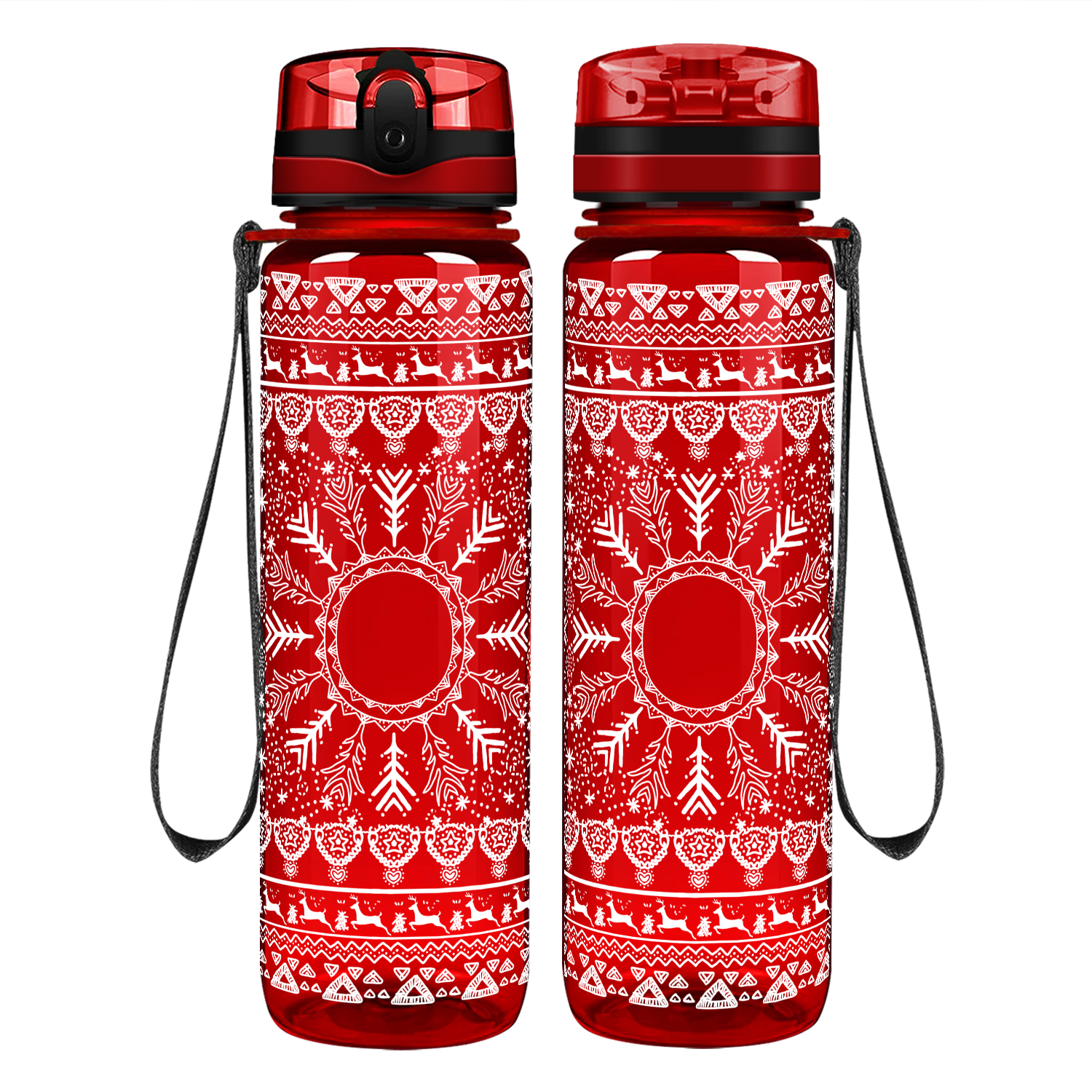 Holiday Deer and Snow Pattern on Red Motivational Tracking Water Bottle