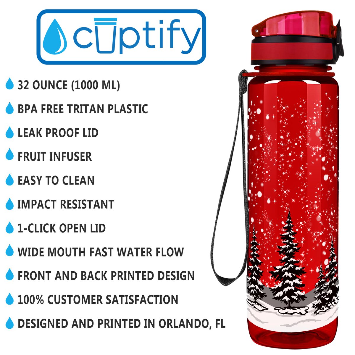 Holiday Trees in the Snow on Red 32 oz Motivational Tracking Christmas Water Bottle
