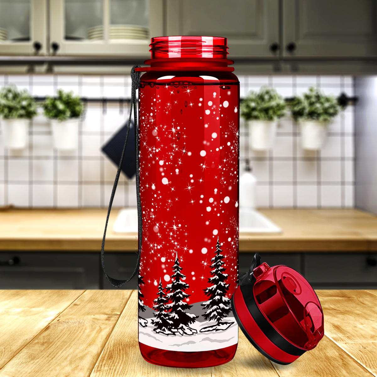 Holiday Trees in the Snow on Red 32 oz Motivational Tracking Christmas Water Bottle