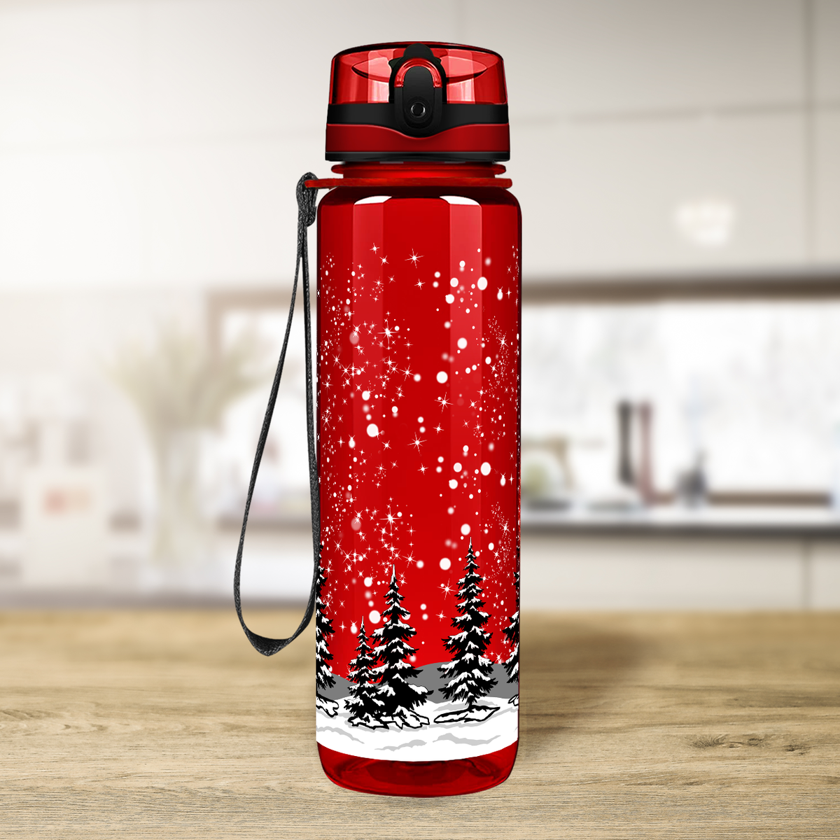Holiday Trees in the Snow on Red 32 oz Motivational Tracking Christmas Water Bottle