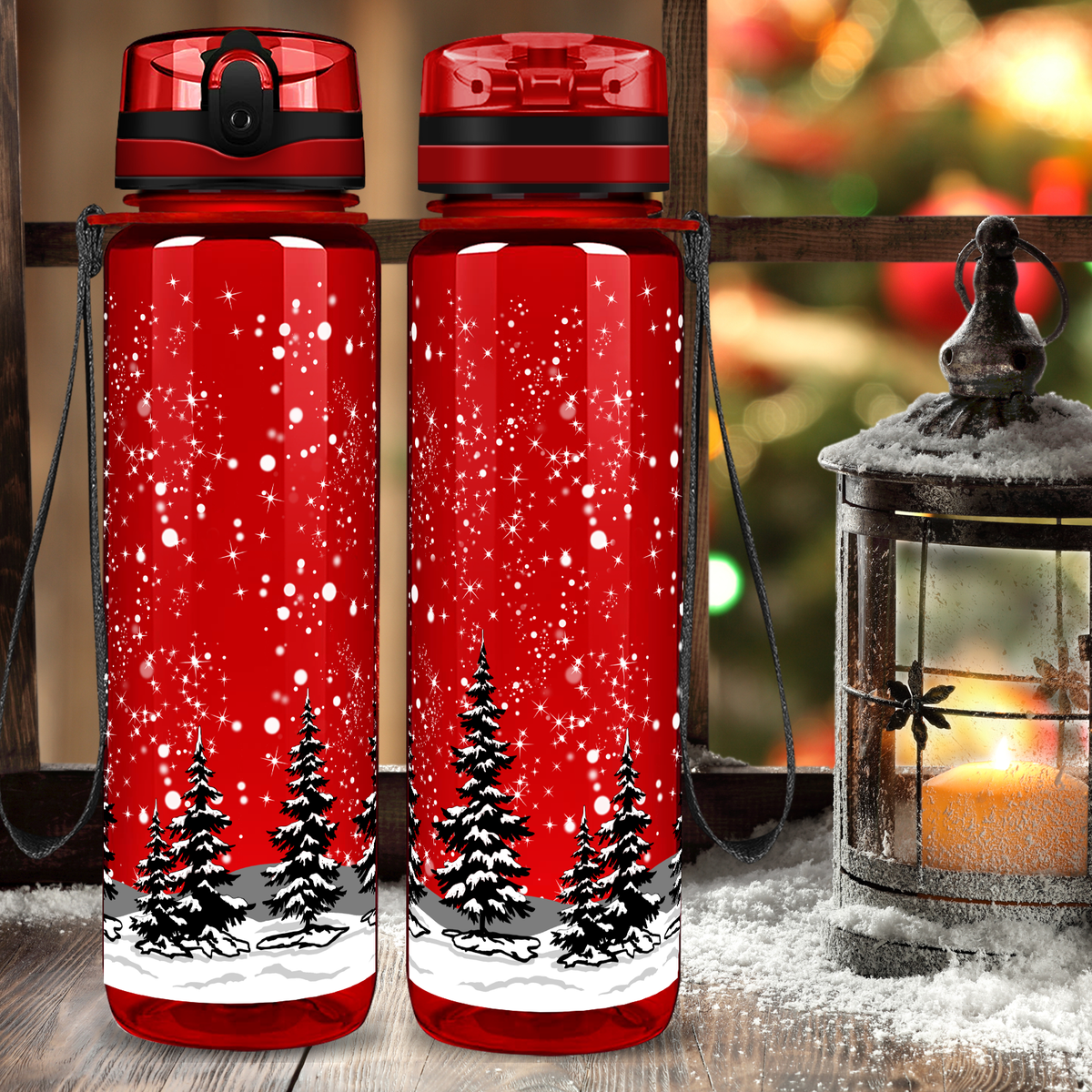 Holiday Trees in the Snow on Red 32 oz Motivational Tracking Christmas Water Bottle