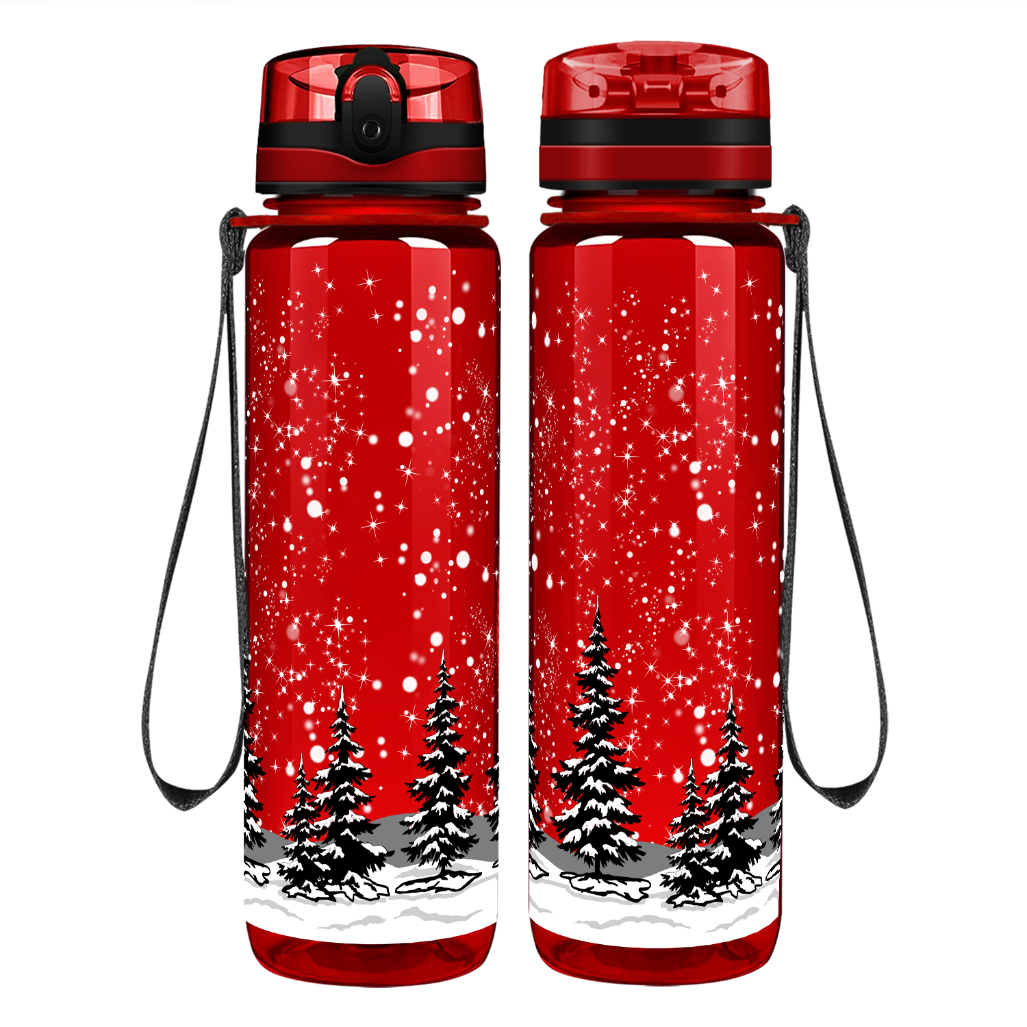 Holiday Trees in the Snow on Red Motivational Tracking Water Bottle
