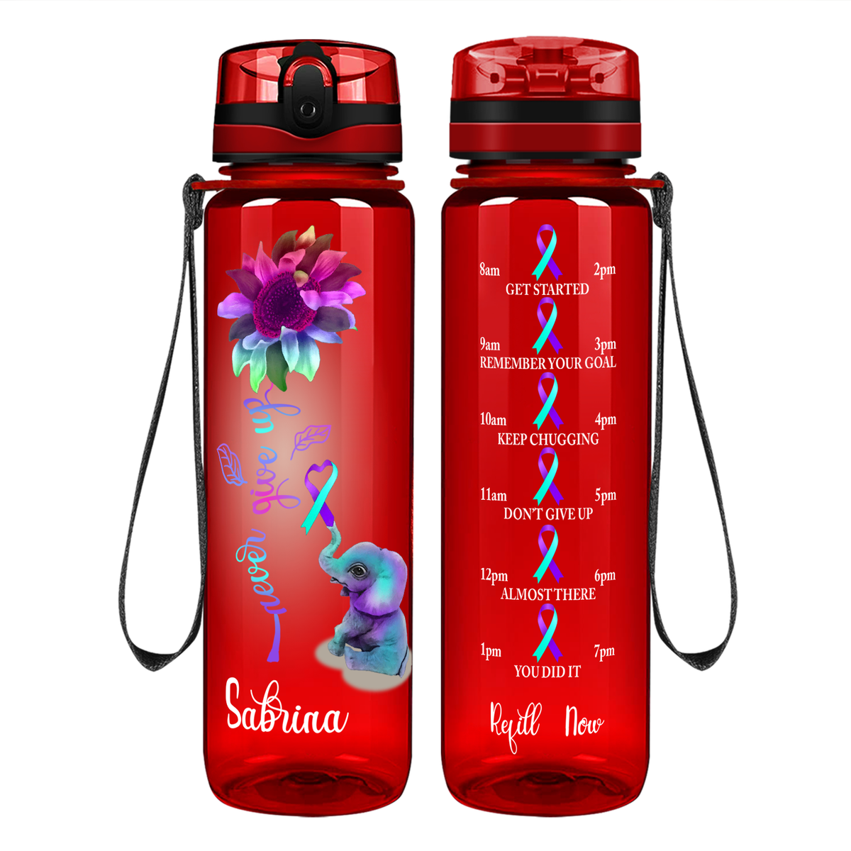 Personalized Never Give Up Elephant on 32 oz Motivational Tracking Water Bottle