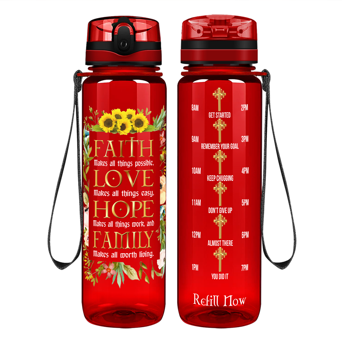 Faith Love Hope Family on 32 oz Motivational Tracking Water Bottle