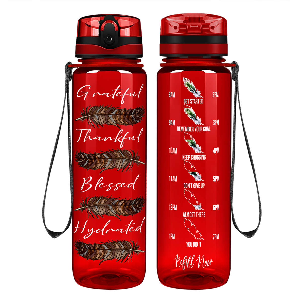 Grateful Thankful Blessed Hydrated with Feathers on 32 oz Motivational Tracking Water Bottle