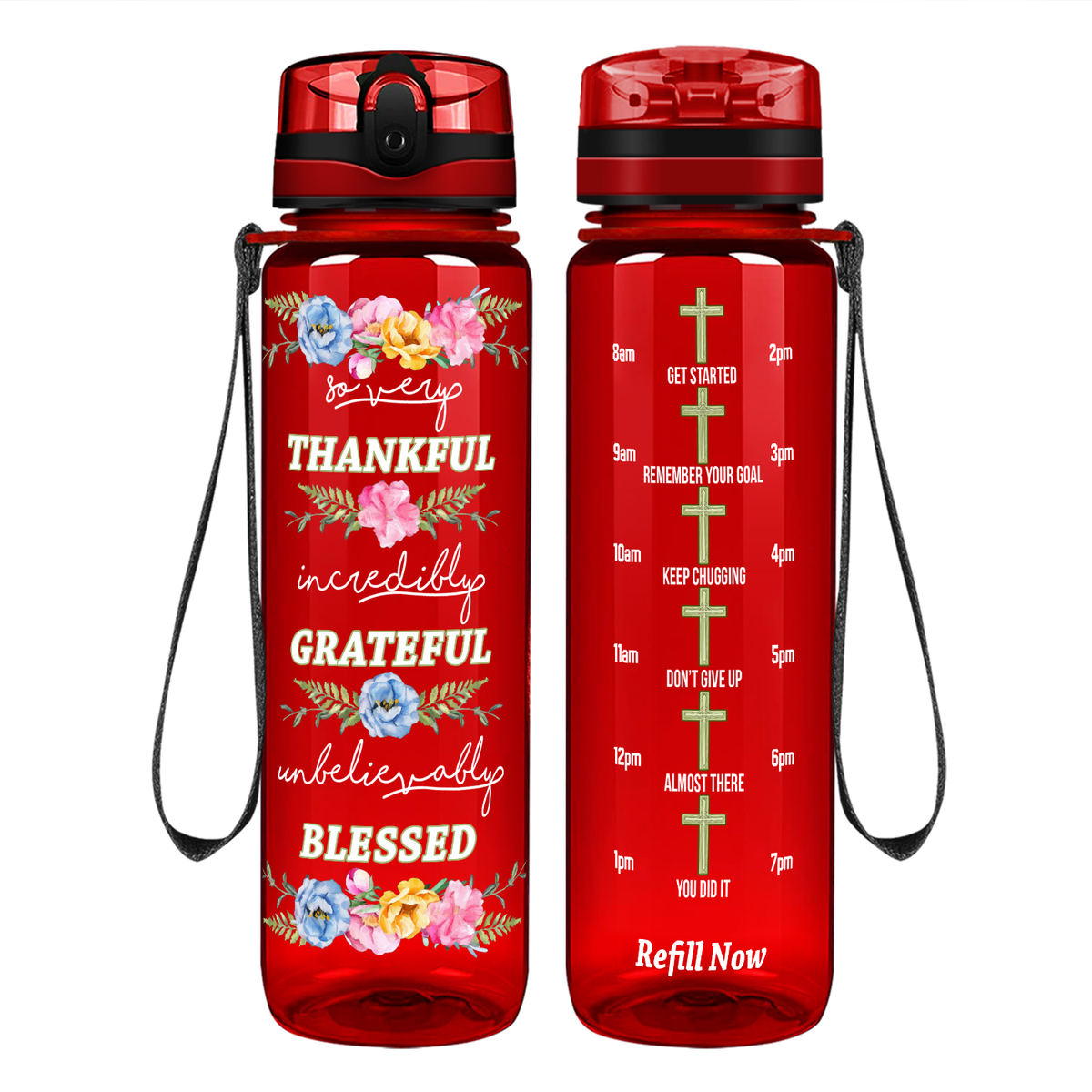 Thankful Grateful Blessed on 32 oz Motivational Tracking Water Bottle