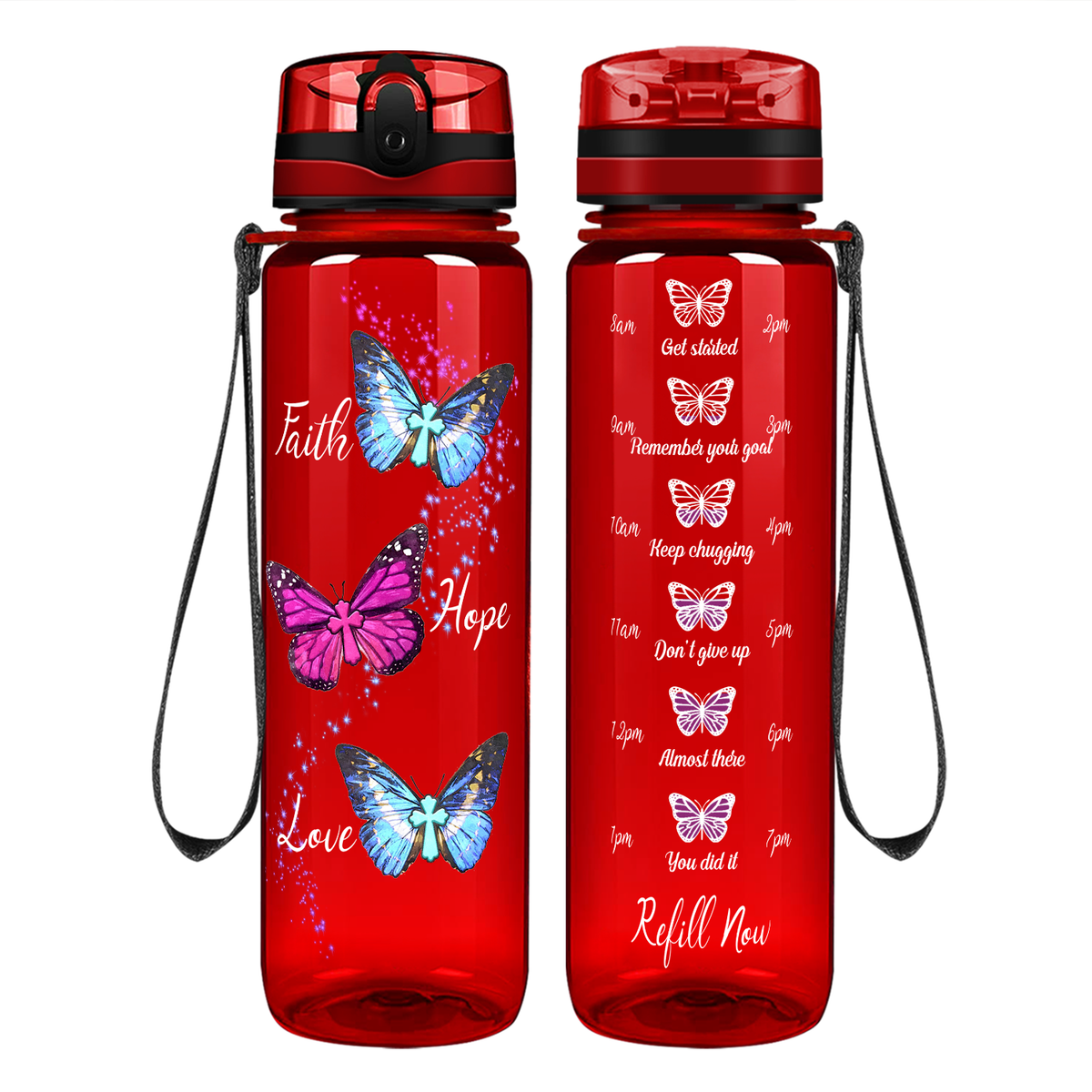 Faith Hope Love Butterflies on 32 oz Motivational Tracking Water Bottle