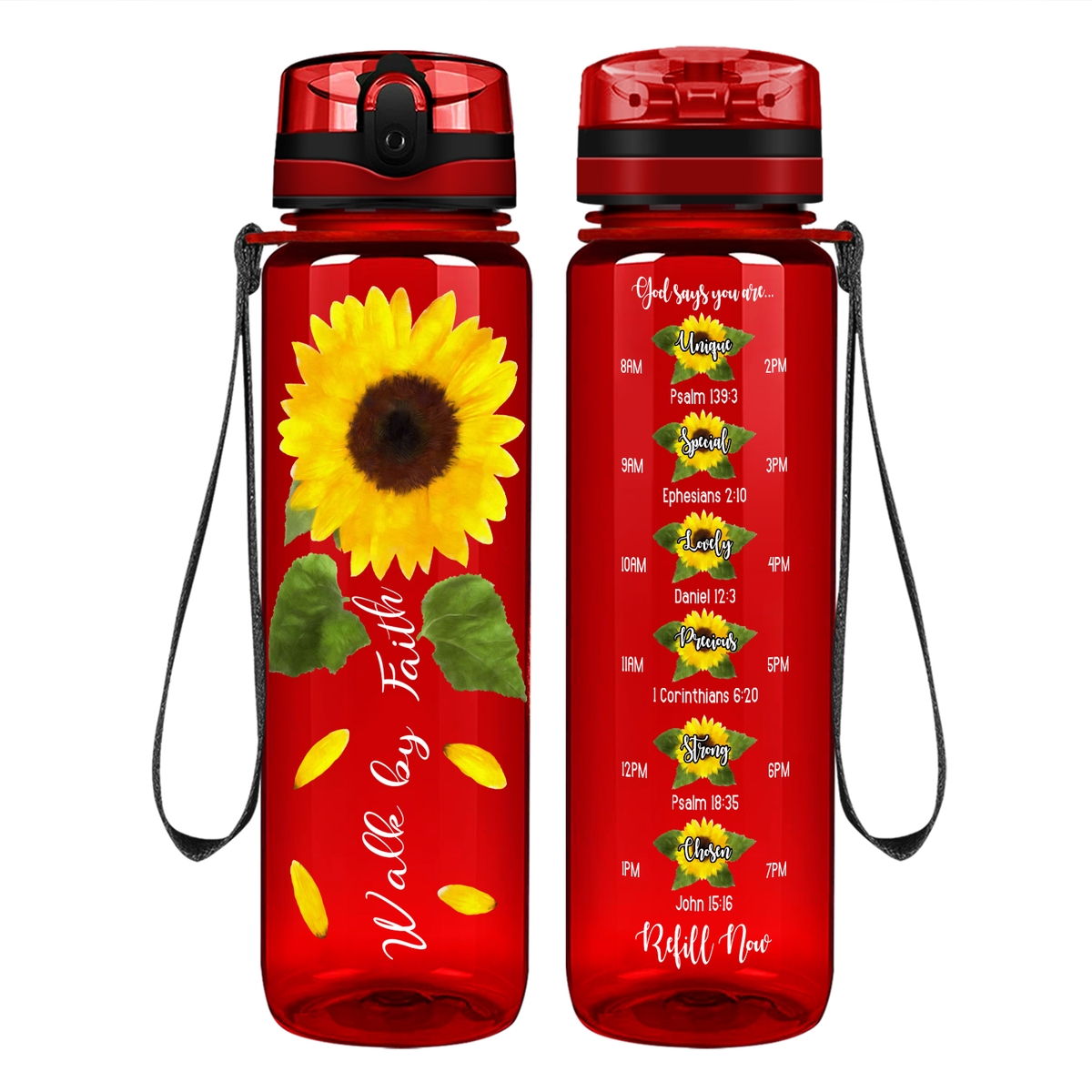 Walk By Faith Sunflower on 32 oz Motivational Tracking Water Bottle