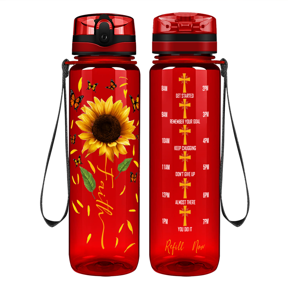 Faith Sunflowers Butterflies on 32 oz Motivational Tracking Water Bottle