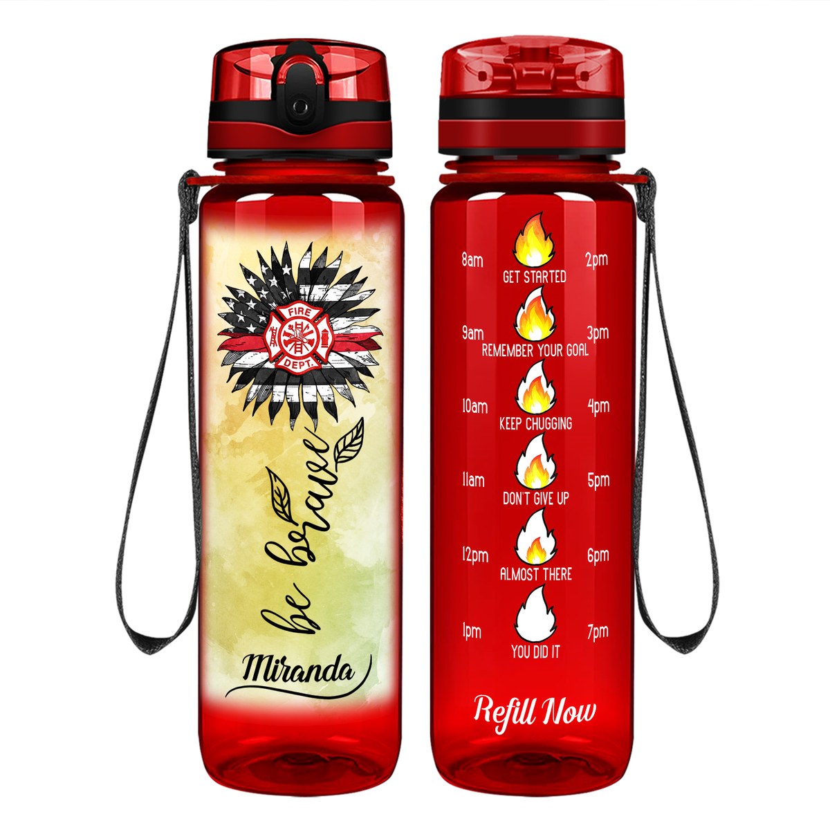 Personalized Firefigher Be Brave on 32 oz Motivational Tracking Water Bottle