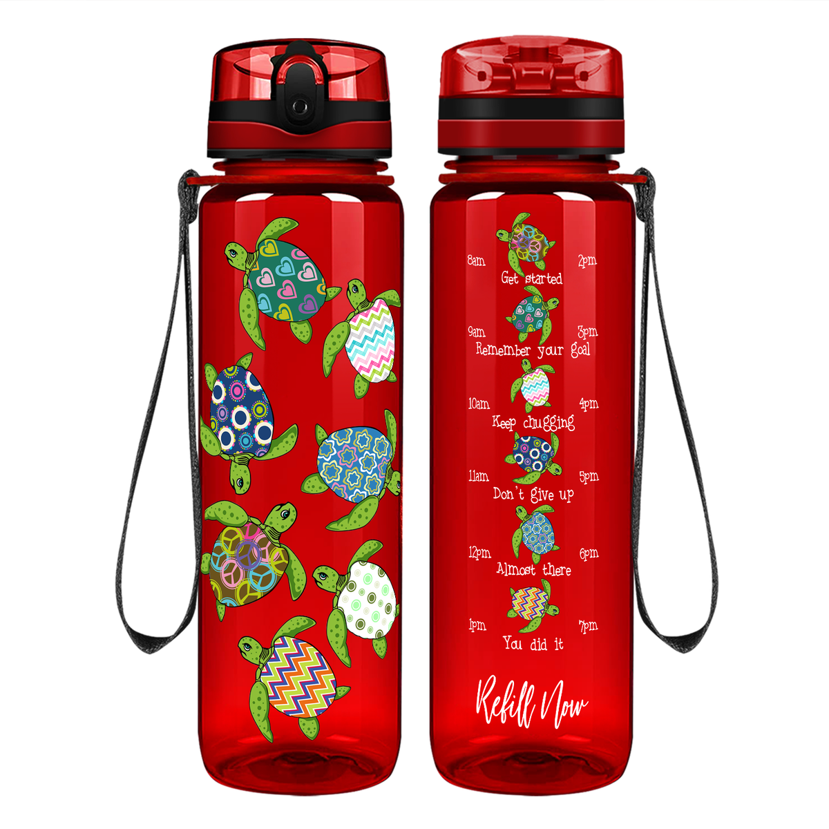 Colorful Turtles on 32 oz Motivational Tracking Water Bottle
