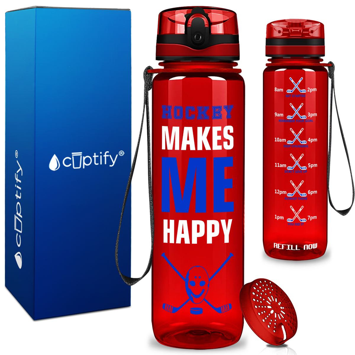 Personalized Hockey Makes Me Happy on 32 oz Motivational Tracking Water Bottle