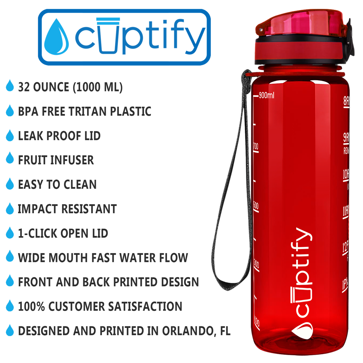 Cuptify Red Gloss 32 oz Motivational Water Bottle