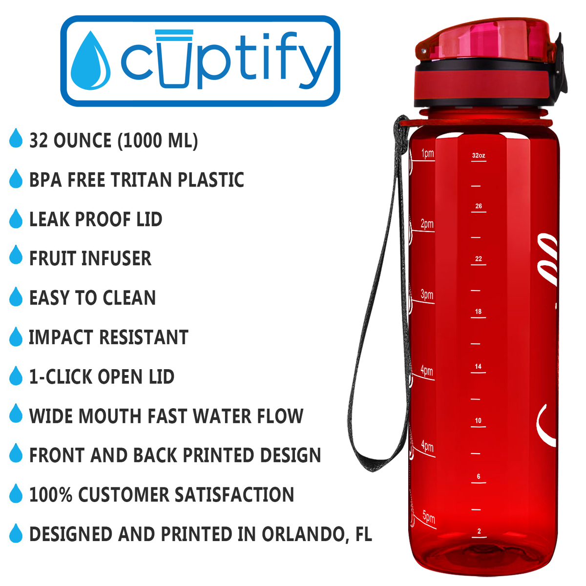 Red 32 oz Personalized Motivational Tracking Water Bottle