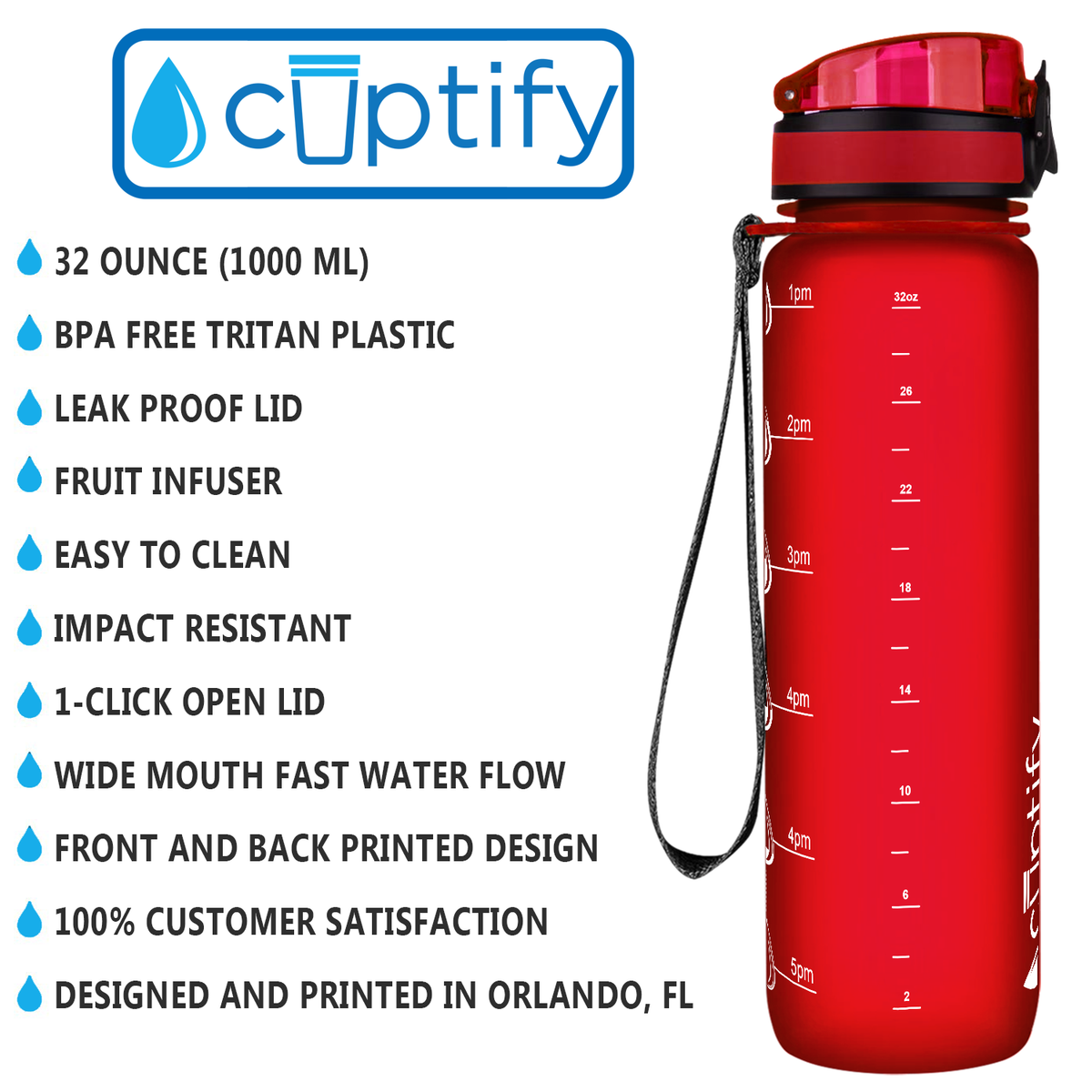 Red Frosted 32 oz Hydration Tracker Water Bottle