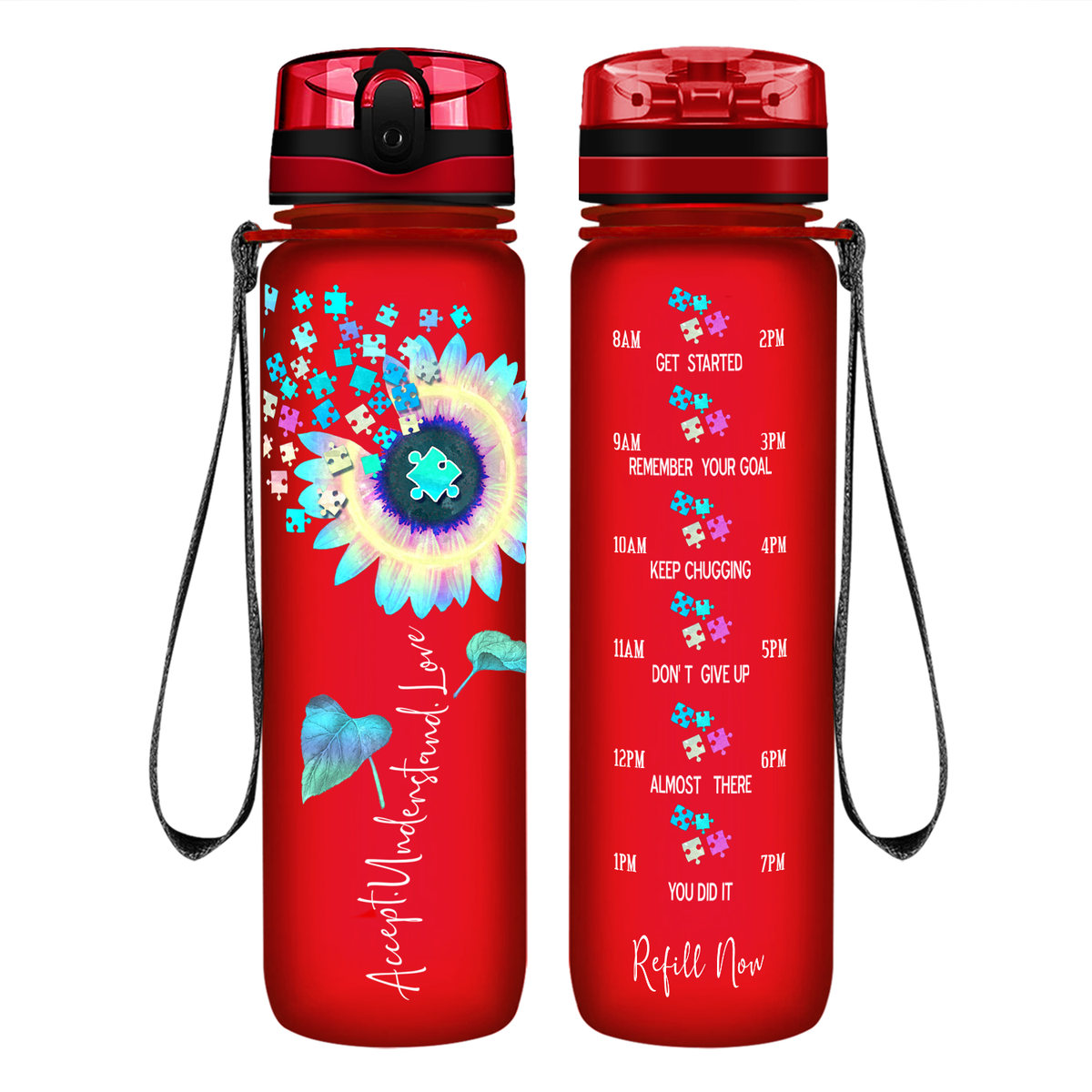 Accept Understand Love Autism Sunflower 32 oz Motivational Tracking Water Bottle
