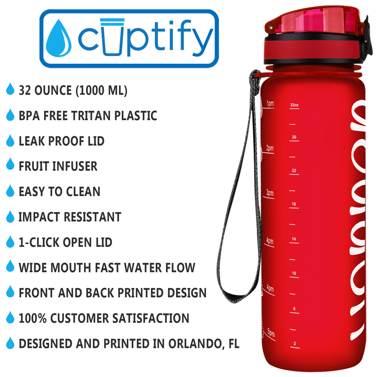 Kids Personalized on Red Frosted 32 oz Motivational Tracking Water Bottle