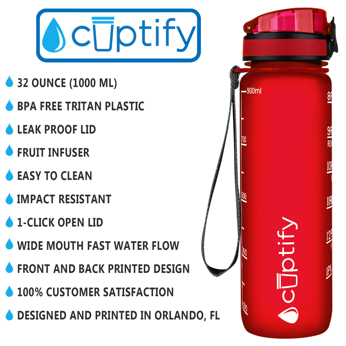 Cuptify Red Frosted 32 oz Motivational Water Bottle