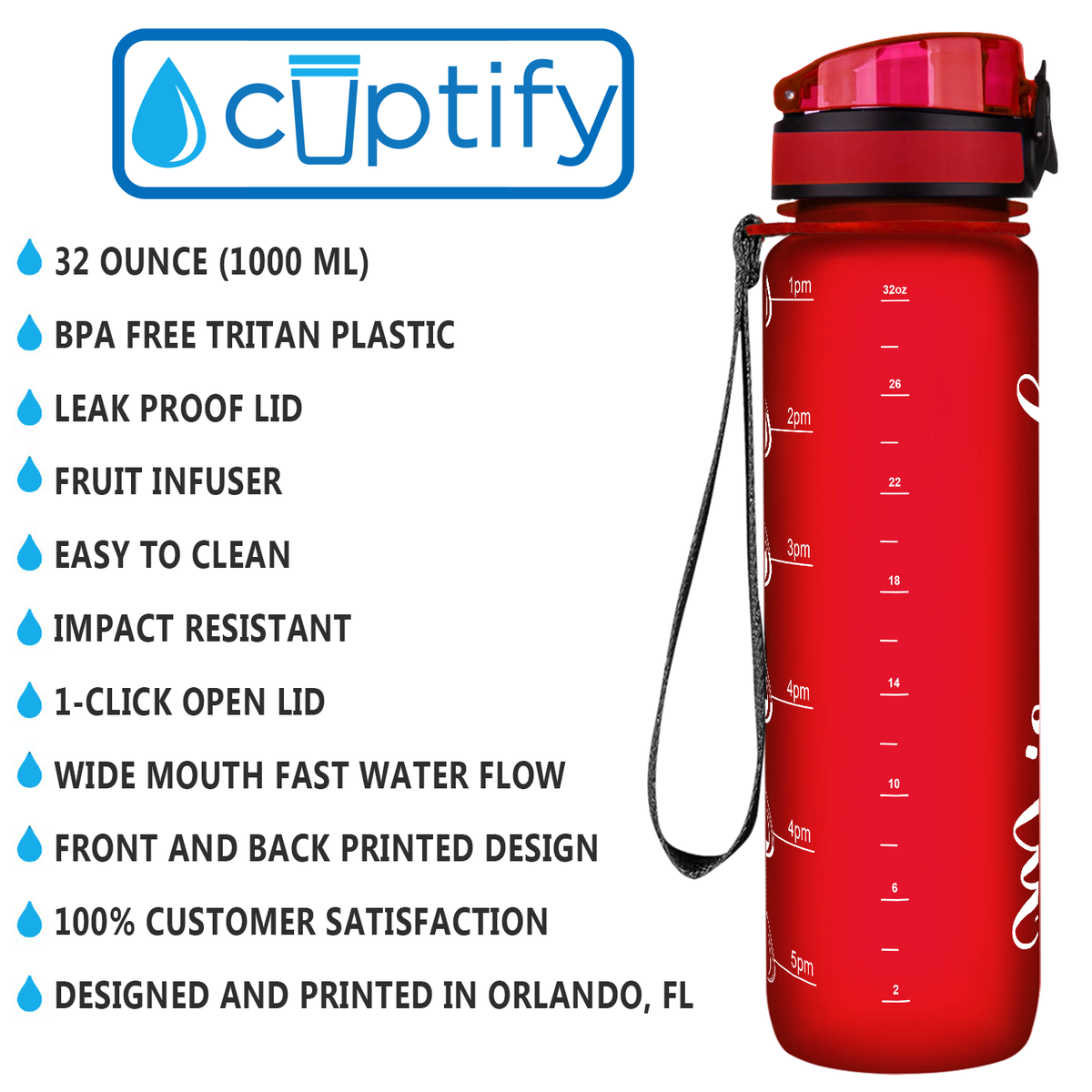 Red Frosted 32 oz Personalized Motivational Tracking Water Bottle