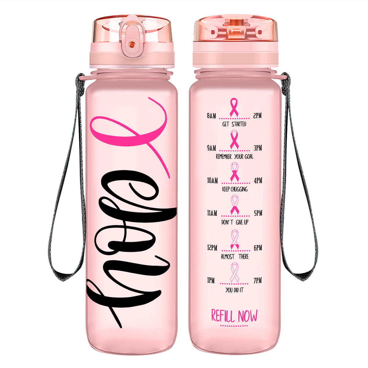 Hope Pink Ribbon on 32 oz Motivational Tracking Breast Cancer Awareness Water Bottle