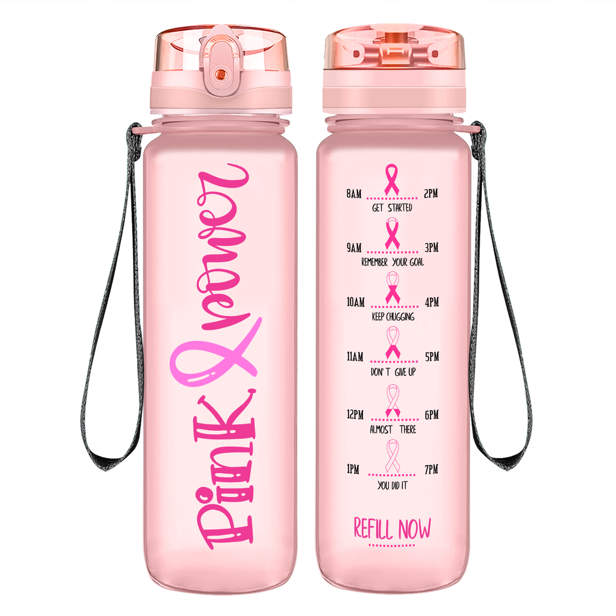 Pink Power on 32 oz Motivational Tracking Breast Cancer Awareness Water Bottle