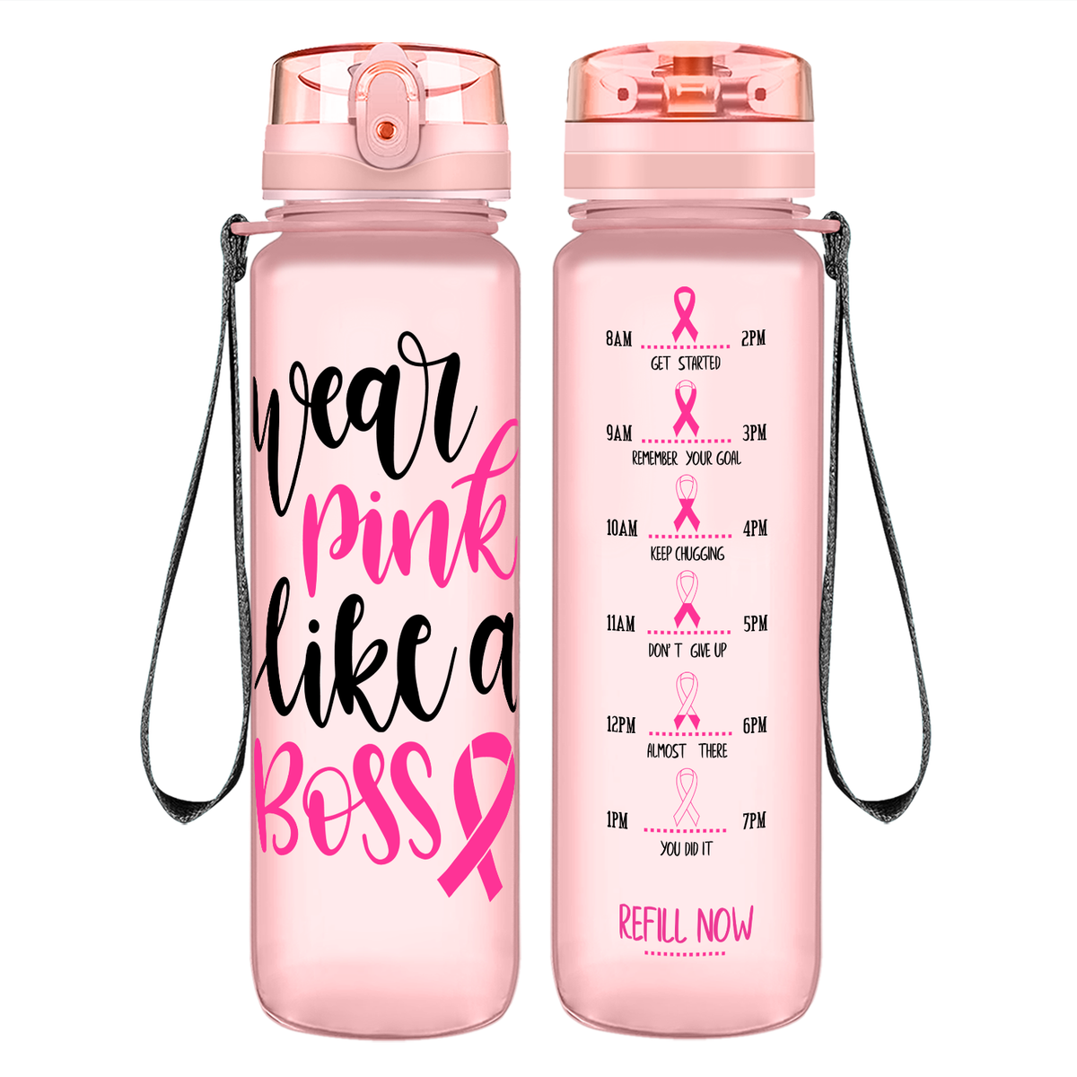 Wear Pink Like a Boss on 32 oz Motivational Tracking Breast Cancer Awareness Water Bottle