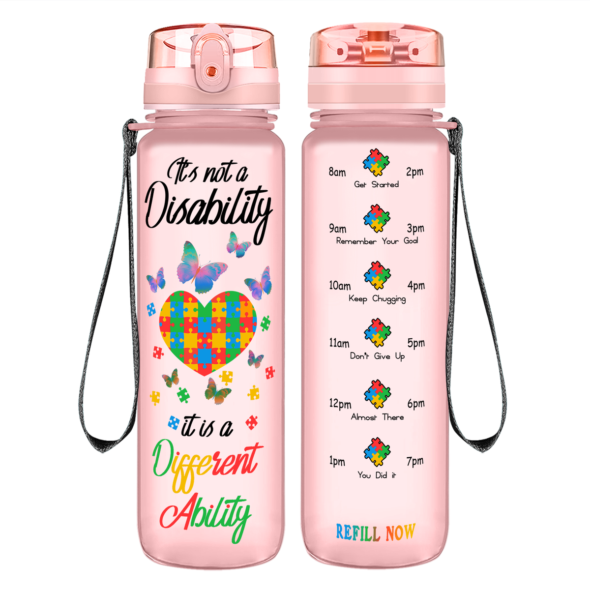 Autism Colorful Butterfly Different Ability on 32 oz Motivational Tracking Water Bottle