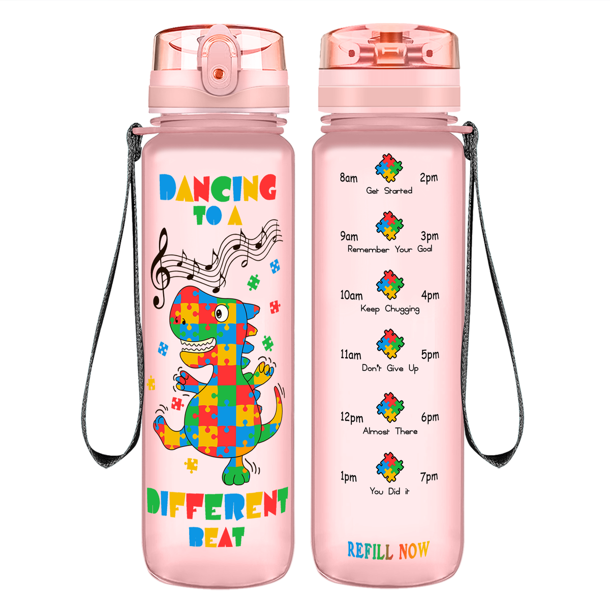 Dancing Dino Different Beat Autism on 32 oz Motivational Tracking Water Bottle