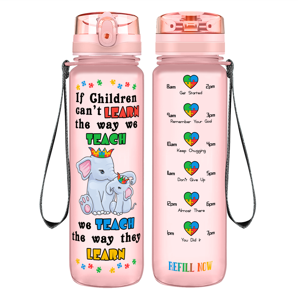 Teach The Way They Learn Elephants on 32 oz Motivational Tracking Autism Water Bottle