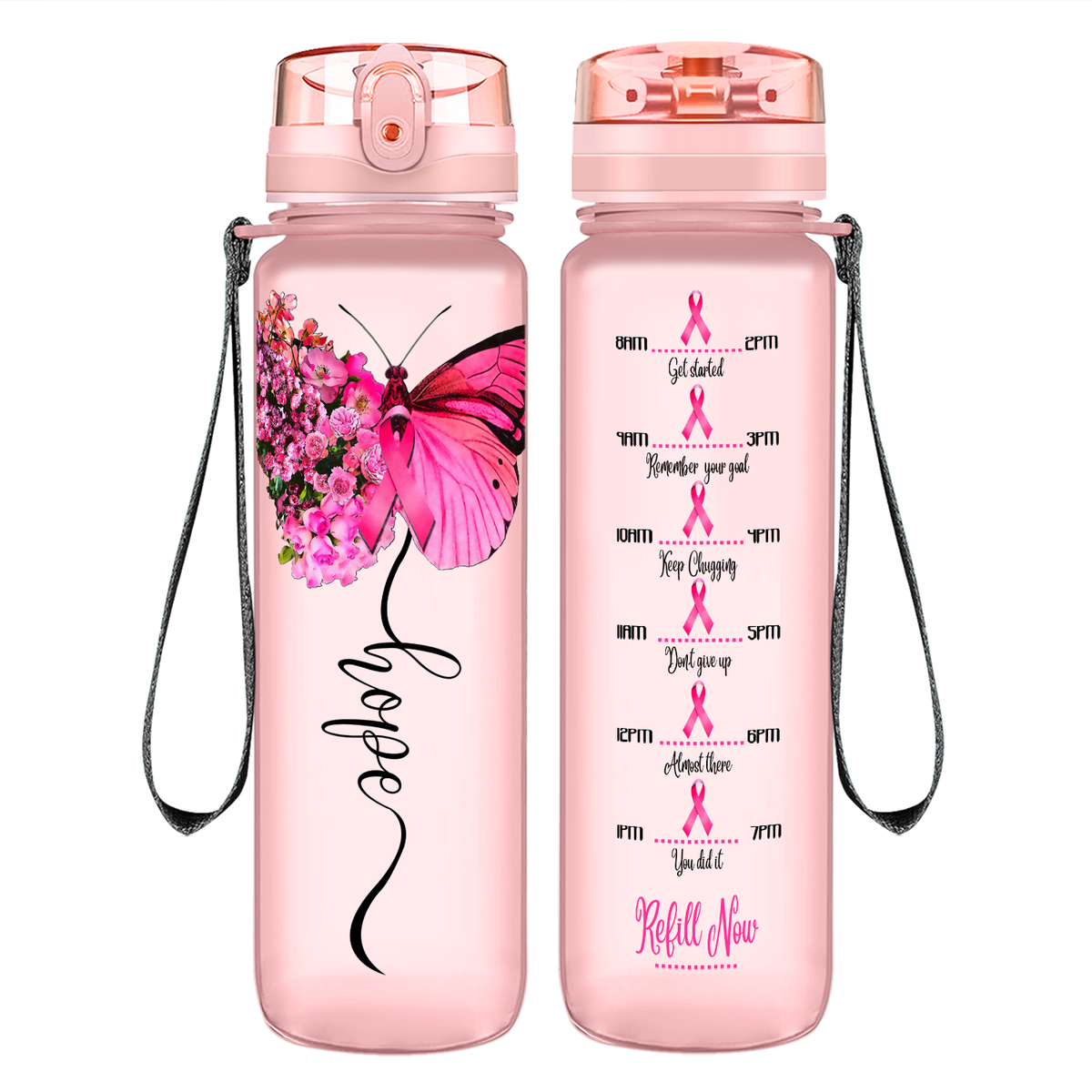 Breast Cancer Hope Butterfly on 32 oz Motivational Tracking Breast Cancer Awareness Water Bottle