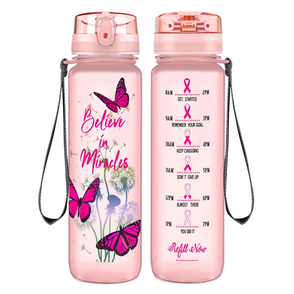 Believe in Miracles on 32 oz Motivational Tracking Breast Cancer Awareness Water Bottle