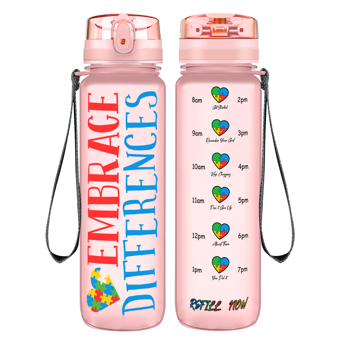 Embrace Differences on 32 oz Motivational Tracking Autism Water Bottle