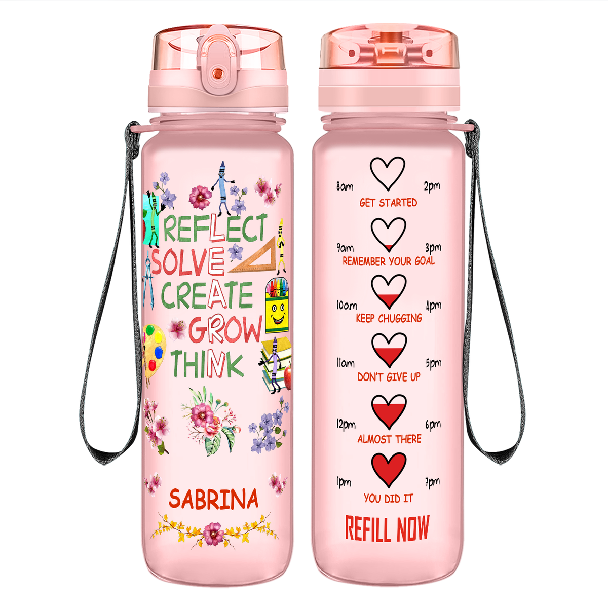 Personalized Reflect Solve Create Grow Think on 32 oz Motivational Tracking Water Bottle