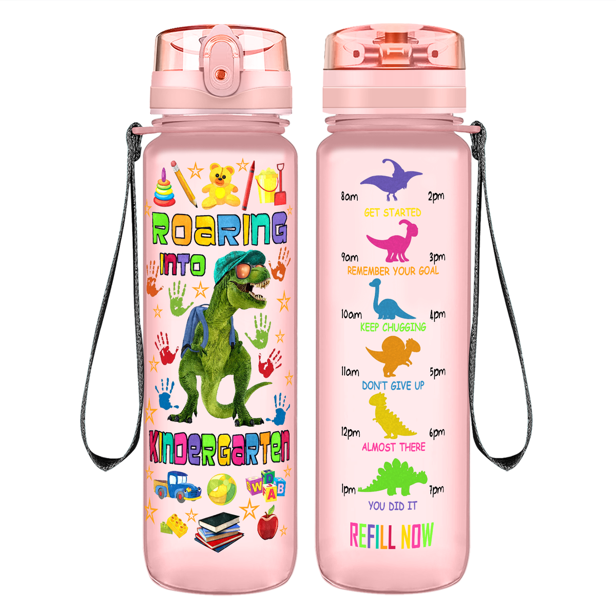 Roaring Into Kindergarten on 32 oz Motivational Tracking Water Bottle