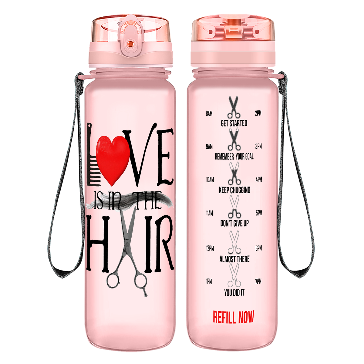 Love Is In The Hair on 32 oz Motivational Tracking Water Bottle