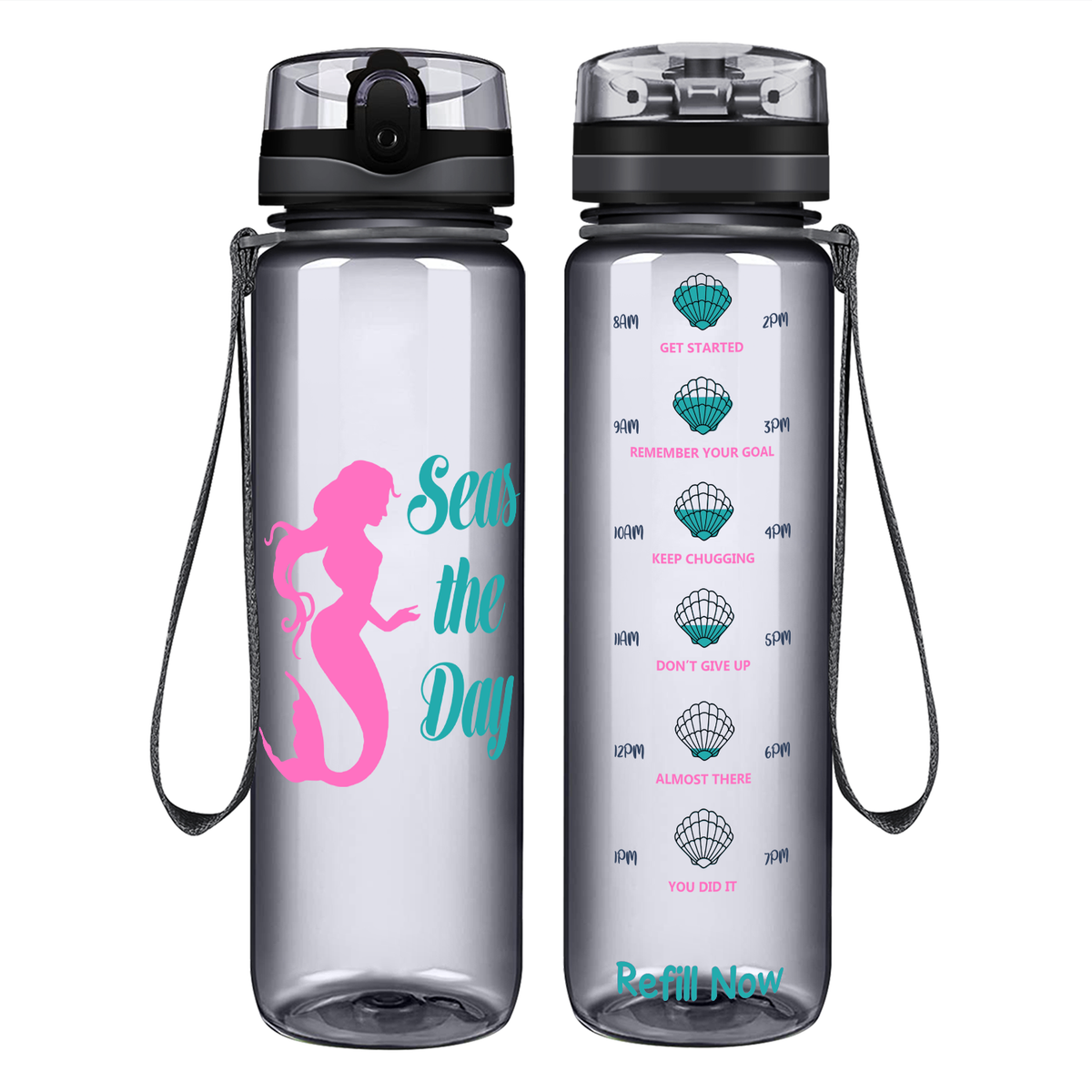 Seas the Day on 32 oz Motivational Tracking Beach Water Bottle