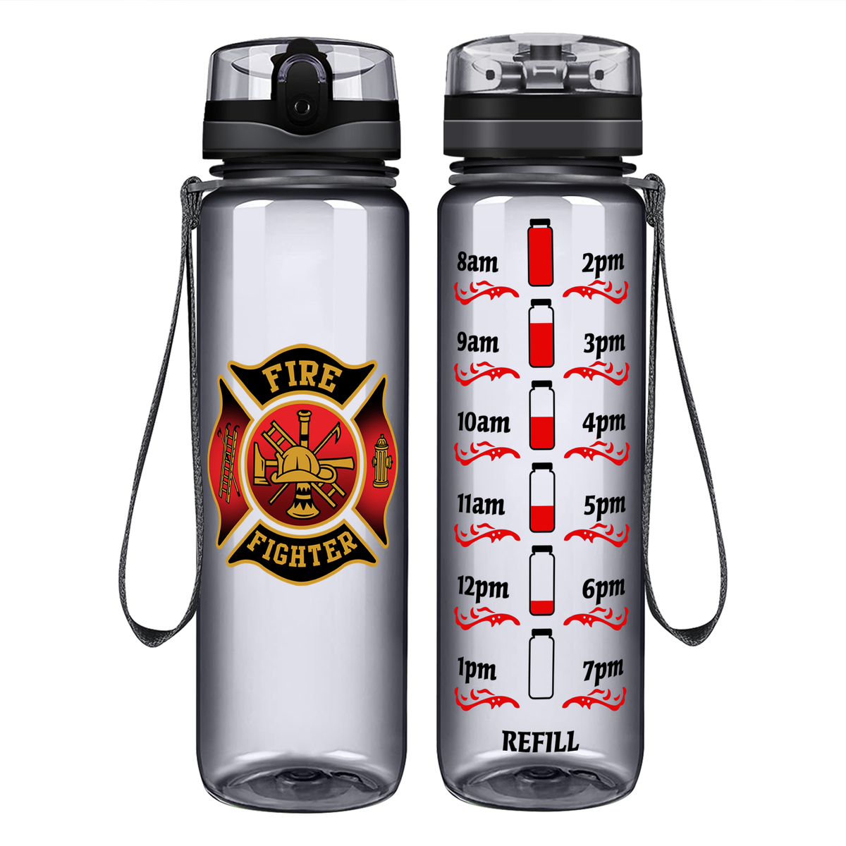 Black Red Fire Department Badge on 32 oz Motivational Tracking Water Bottle