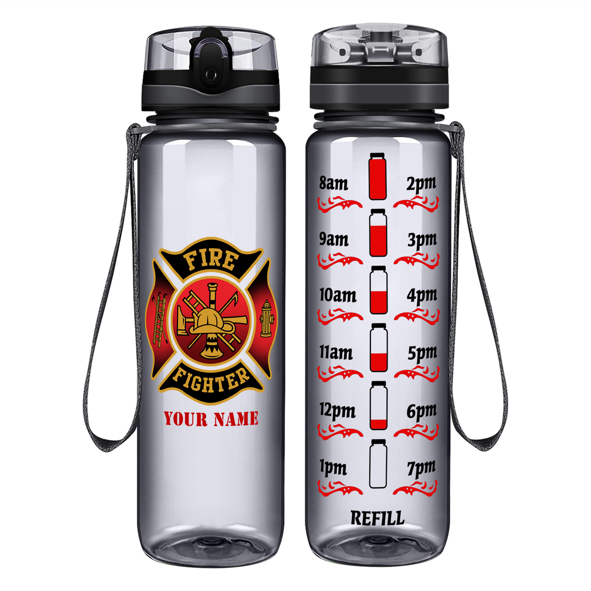 Personalized Black Red Fire Department Badge on 32 oz Motivational Tracking Water Bottle