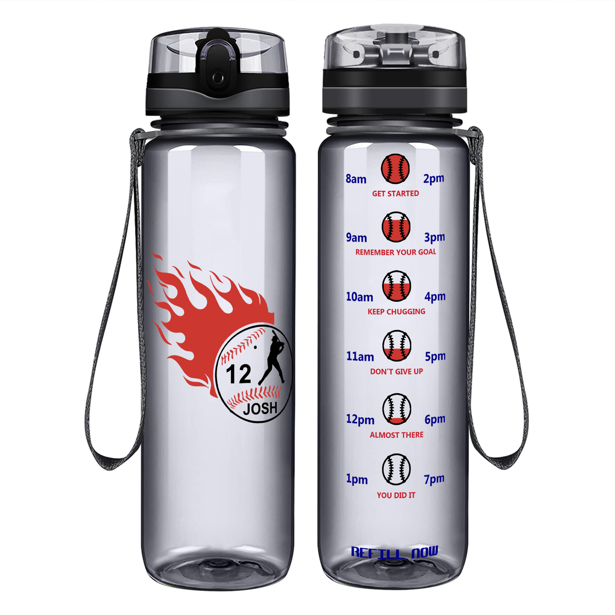 Personalized Baseball Name and Number on 32 oz Motivational Tracking Water Bottle