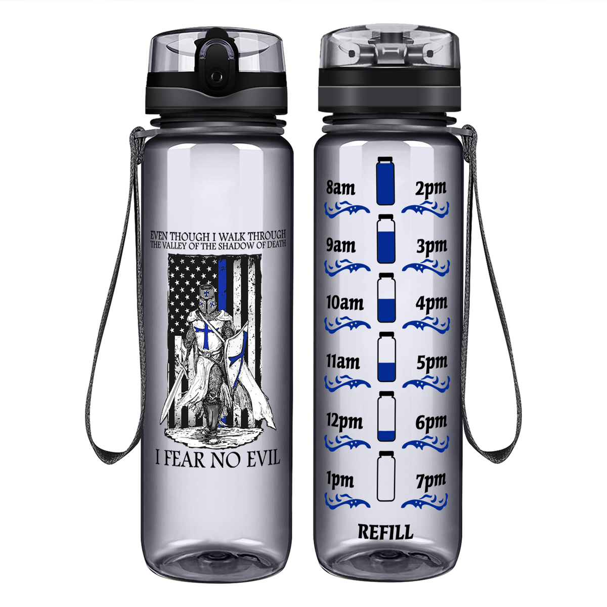 Thin Blue Line Police Knight on 32 oz Motivational Tracking Water Bottle