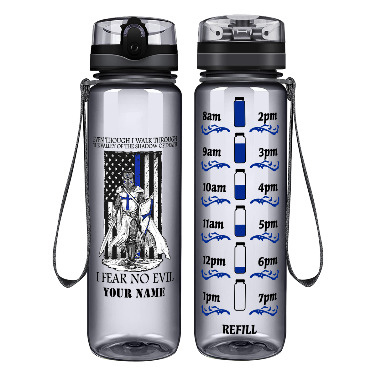 Personalized Thin Blue Line Police Knight on 32 oz Motivational Tracking Water Bottle
