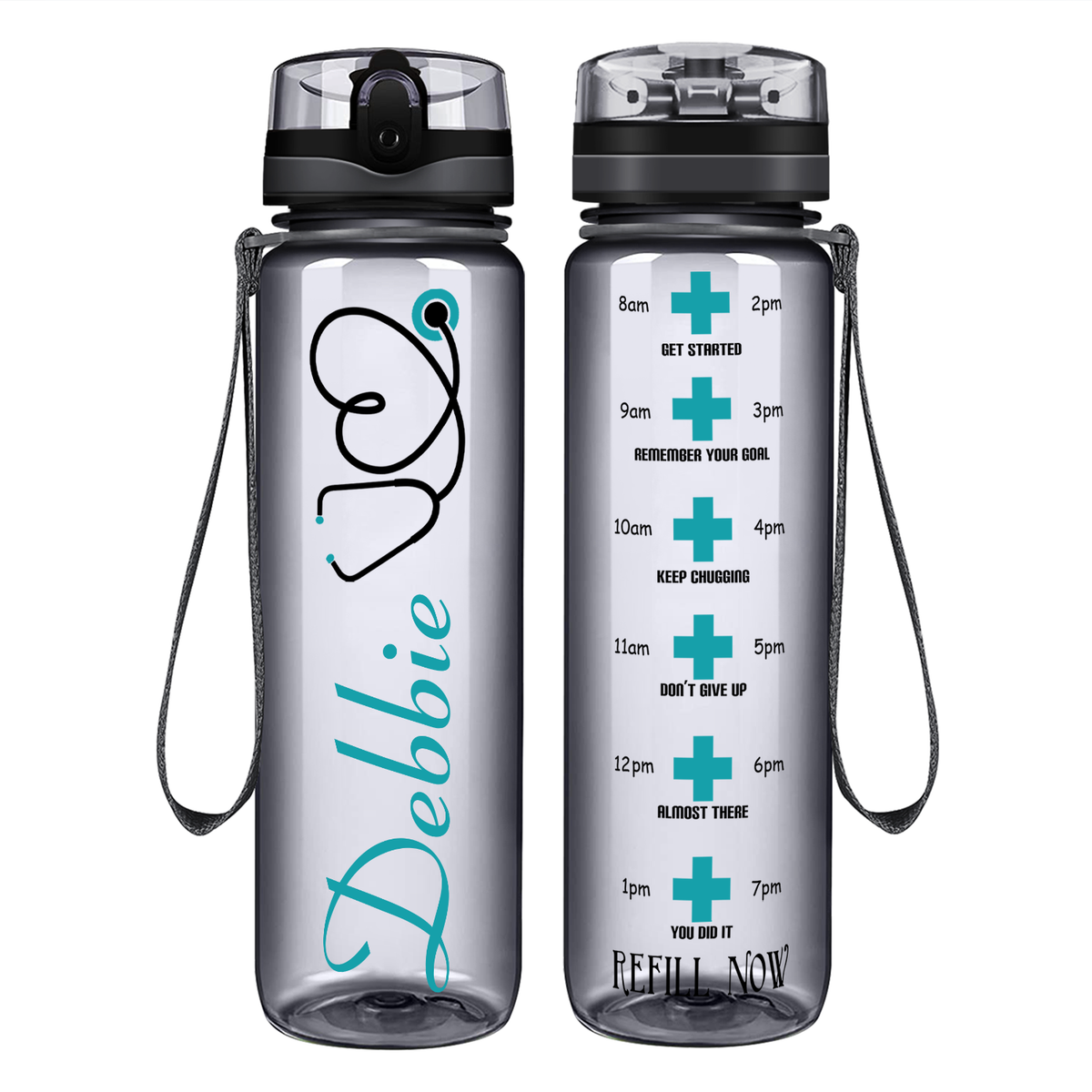 Personalized Nurse Name Aqua Stethoscope  on 32oz Motivational Tracking Water Bottle