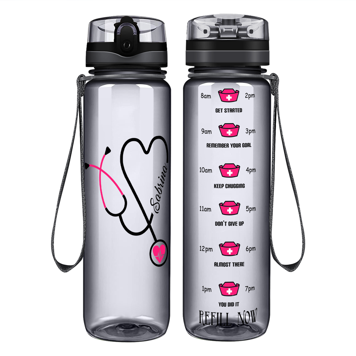 Personalized Nurse Pink Stethoscope Heart on 32oz Motivational Water Bottle