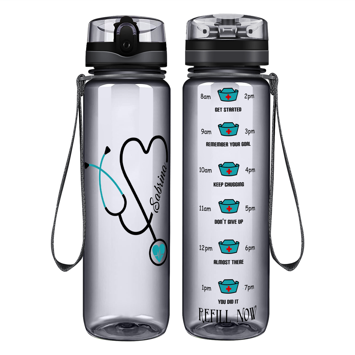  Cuptify Personalized Nurse Water Bottle Blue Stethoscope Heart  on Fuchsia Gloss 32 oz 1 Liter Motivational Tracking Water Bottle with Time  Marker Gift for Nurses : Sports & Outdoors