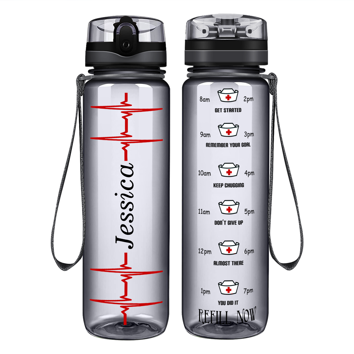 Personalized Nurse Water Bottle Heart Beat Pulse on 32oz Motivational Tracking Water Bottle