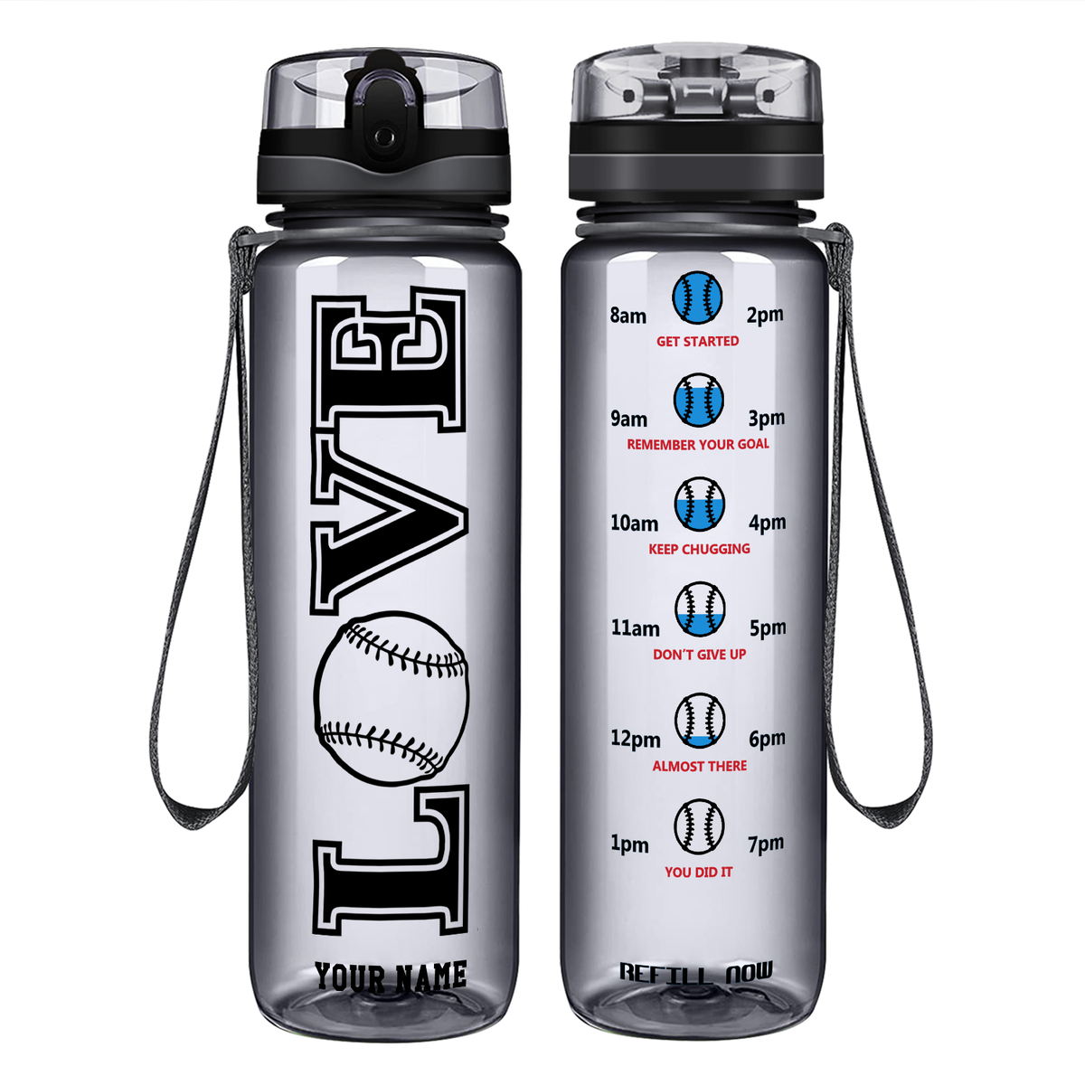 Personalized LOVE Baseball on 32 oz Motivational Tracking Water Bottle