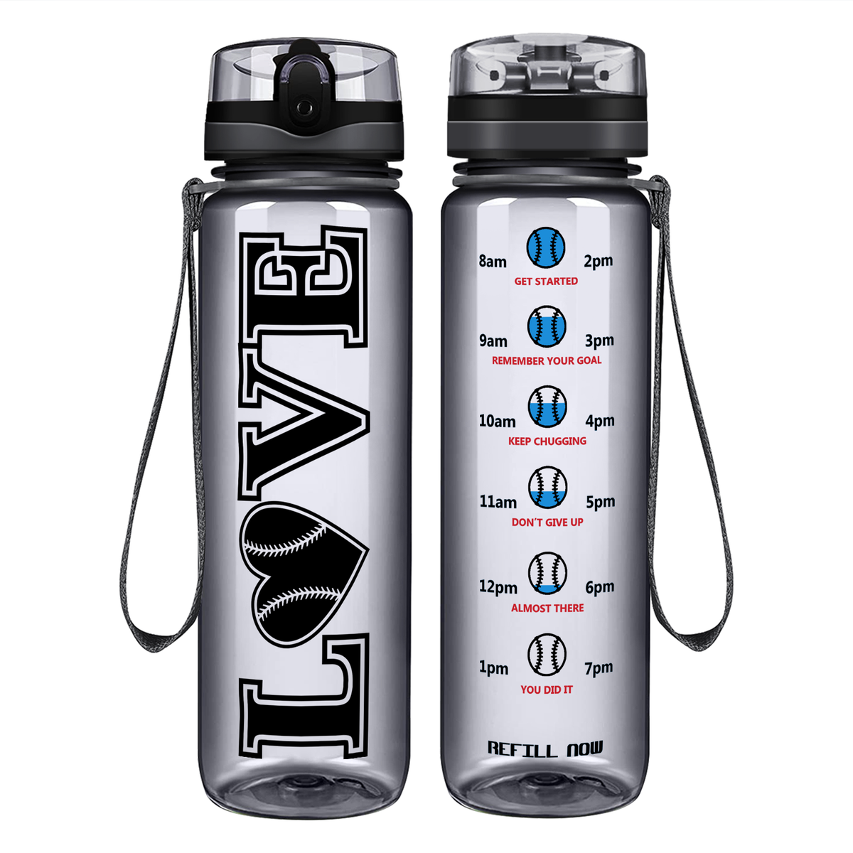 LOVE Baseball Heart on 32 oz Motivational Tracking Water Bottle