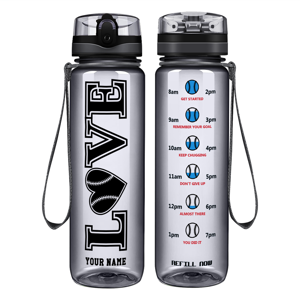 Personalized LOVE Baseball Heart on 32 oz Motivational Tracking Water Bottle